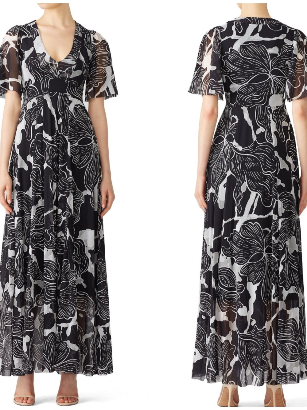 FUZZI Black White Floral Flower Deco Maxi Dress V-Neck Crepe Nylon - Size XS